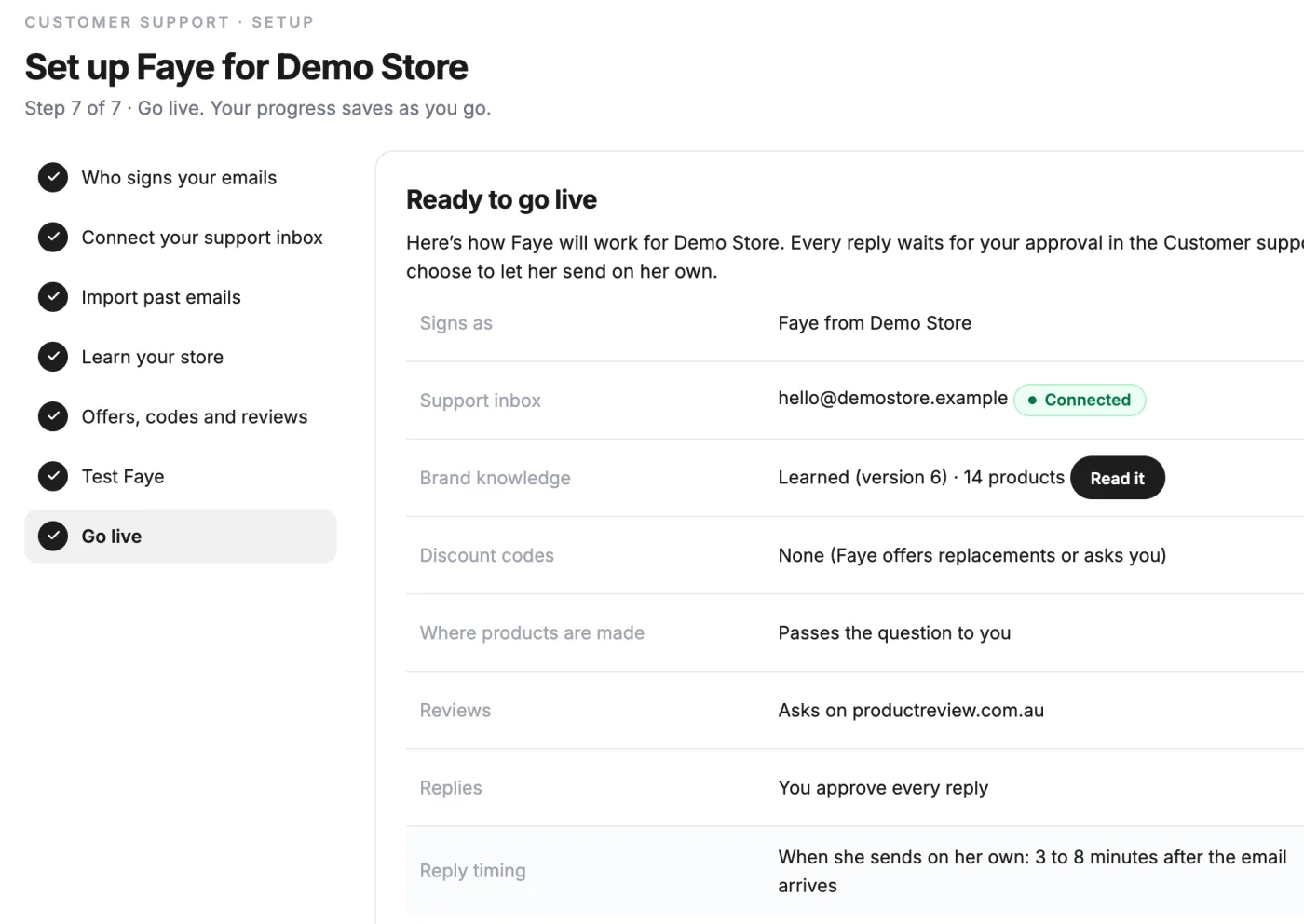 Faye set-up in the FF app: sender name, support inbox, brand knowledge, offers, reviews and replies