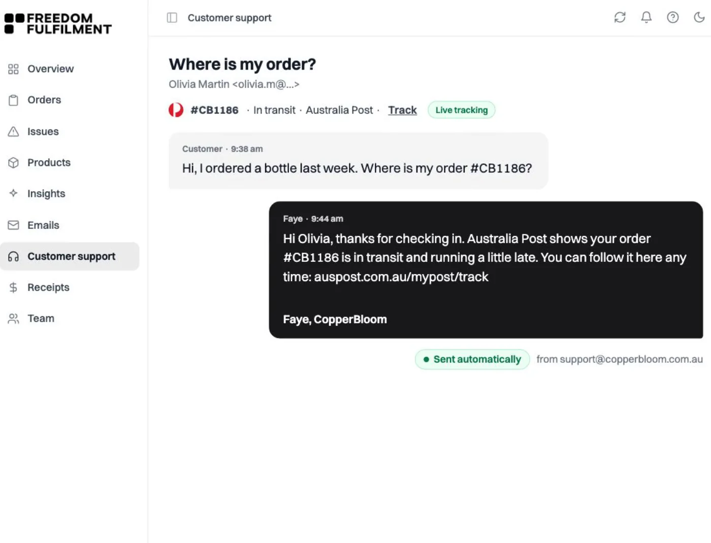 Faye answering a where is my order email with the carrier status and tracking link