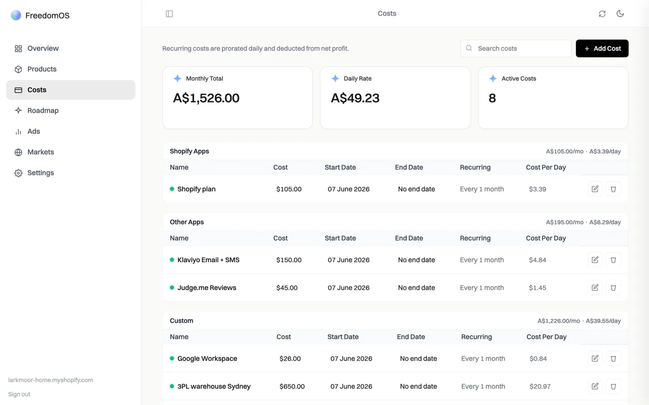 FreedomOS costs screen with sample data