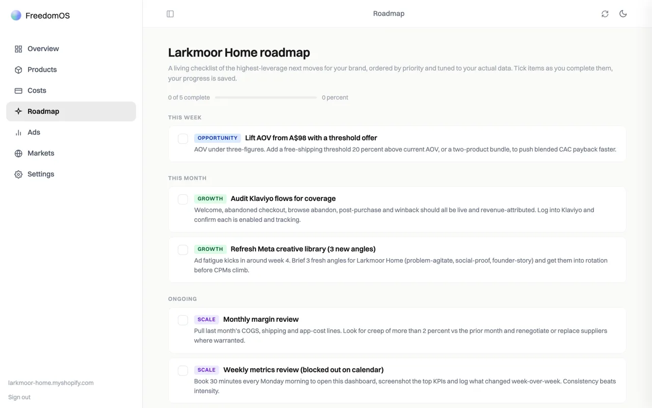 FreedomOS AI insights (roadmap) screen with sample data