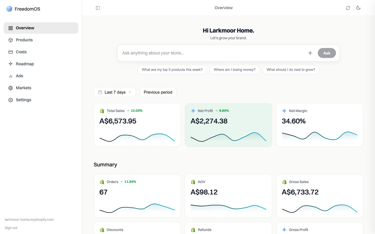 FreedomOS overview screen with sample data