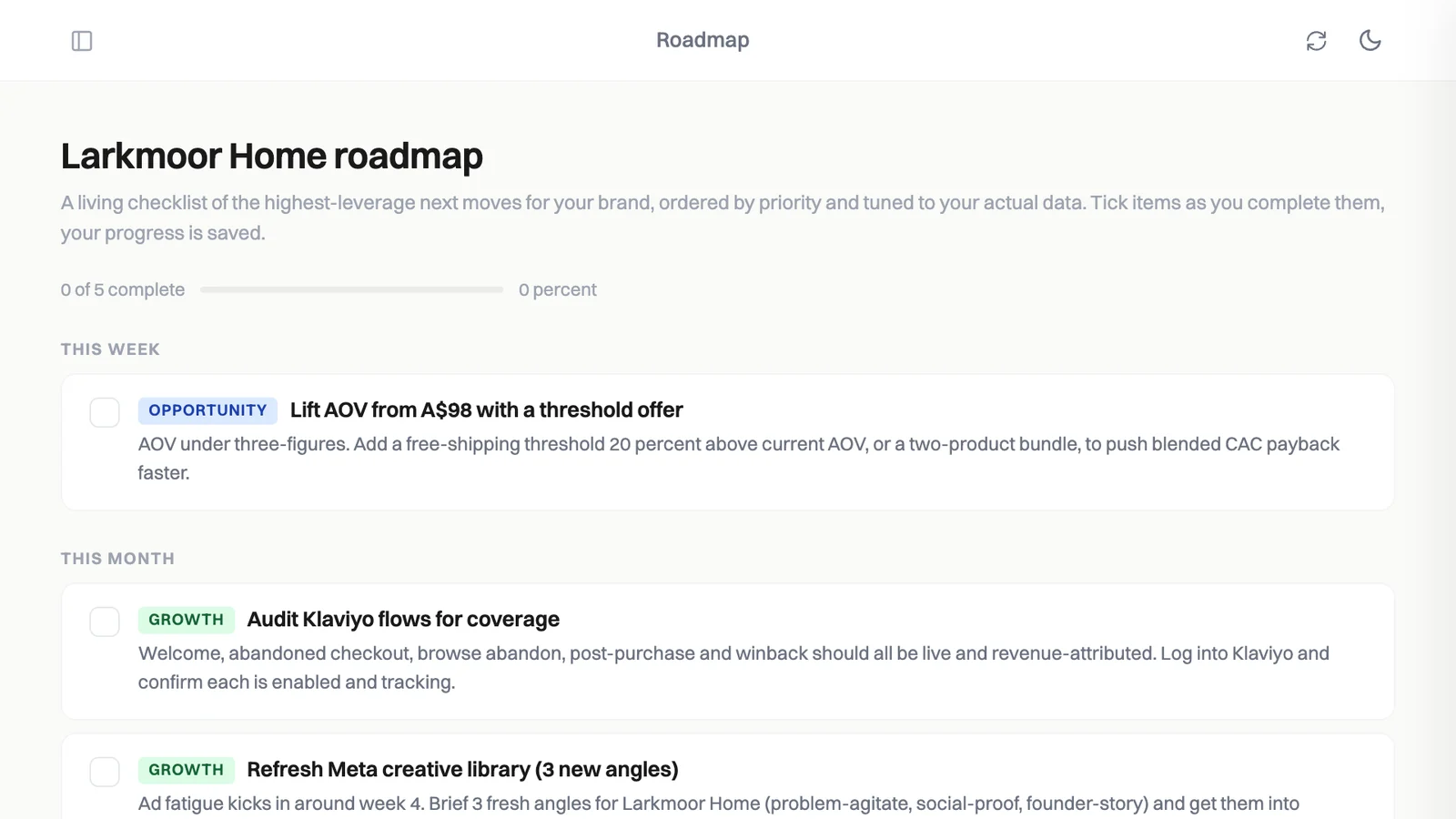 FreedomOS AI insights (roadmap) screen with sample data