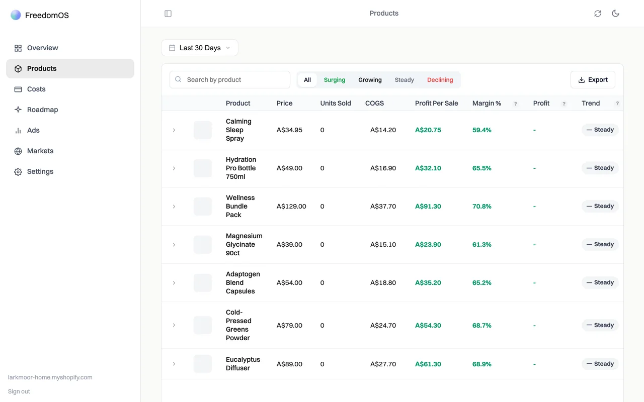 FreedomOS products screen with sample data
