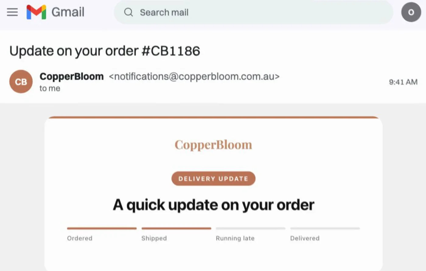 A Relay delivery update from the brand’s own address, open in Gmail