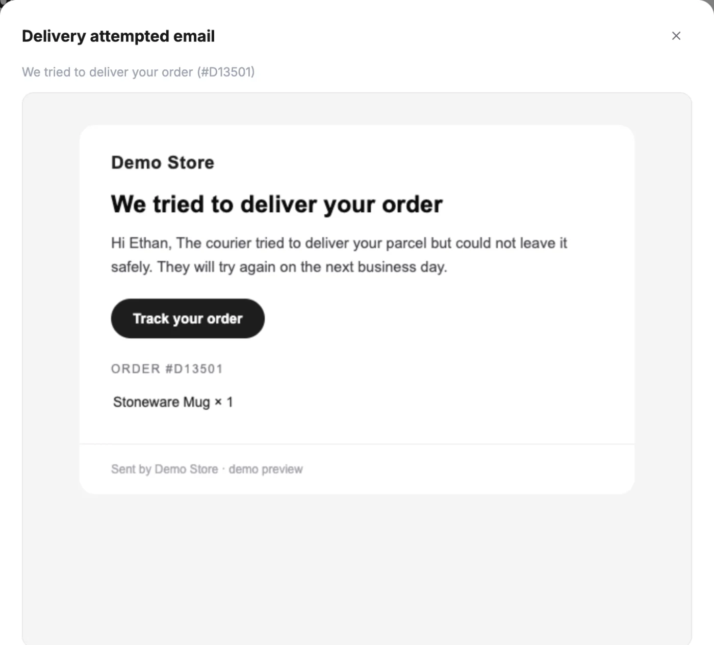 Preview of the delivery attempted email in the FF app