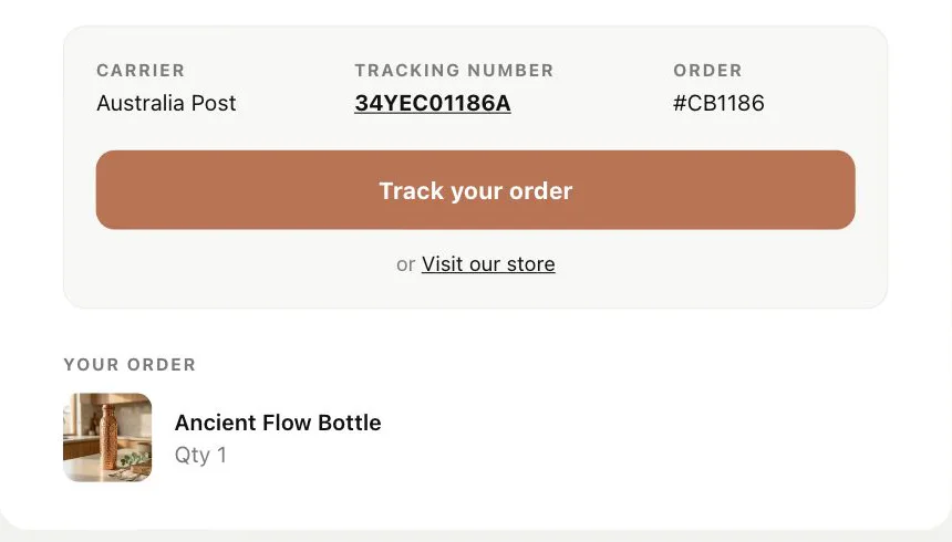 The tracking card in a Relay email: carrier, tracking number, order and a Track your order button